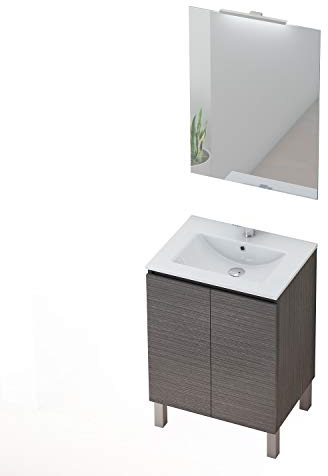 Baikal Conjunto Mueble de Baño con Lavabo y Espejo con Aplique LED con Patas, en Varios Acabados, Melamina 16. 2 Puertas 60 cm Ceniza