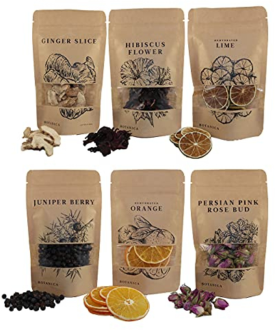 Getrocknete Fruechte im Set fuer Cocktail Deko und Gin, Mix mit 6 Sorten: Wacholderbeere, Limette, Hibiskusbluete, Ingwer 45g, Orange und Knospen der persischen Rose. Gin Gewürze Geschenkset