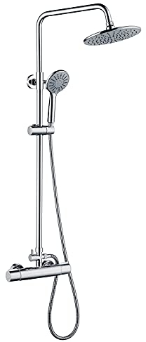 Auralum Colonna Doccia con Miscelatore Termostatico, Colonna Doccia con Soffione e Doccetta 3 Getti, Doccia Soffione Colonna Regolabile Altezza 0,92-1,22m