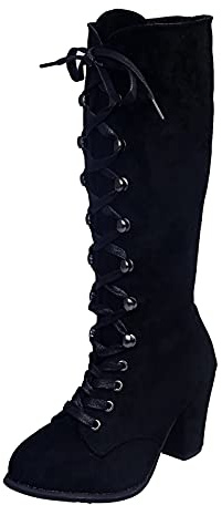 Xmiral Damen Schnürstiefel Retro Mittelhohe Winterstiefel Schnüren Stiefel Mit Hohem Absatz (Schwarz, 41)