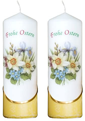 Meissner-Handel Auswahl * 2 Stück Osterkerze Stumpenkerze Osterdeko * 6 x 18 cm * mit farbigen Wachs- und Bildauflagen * Auswahl Motiv + Farbe * gelb * (Serie 4 - Set 17/17)