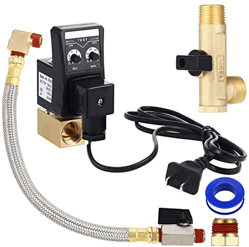 Bonuci Electronic Drain Valve for Air Compressor Ac 110v 1/2 Automatic Timed Water Tank with Braided Steel Hose 1/4 Inch Npt Tank Drain Valve Assembly Kit Elbow Fitting