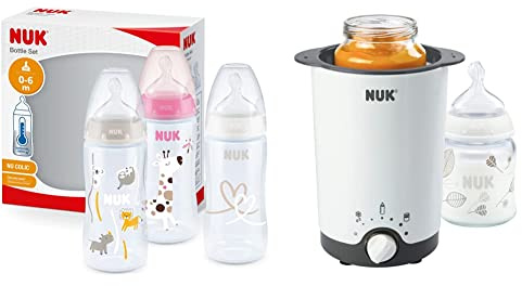 NUK First Choice+ Babyflasche im Set | 0–6 Monate | Temperature Control Anzeige | 300 ml | Anti-Colic-Ventil | BPA-frei | Silikon | 3 Stück | rosa Giraffe & Thermo 3 in 1 Flaschenwärmer, 1 Stück