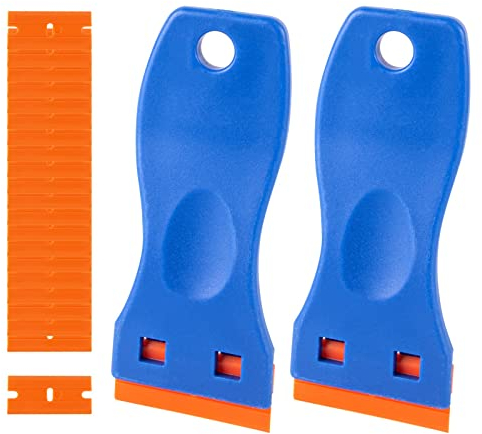GWAWG 2Pcs Plastic Scraper with 20 Plastic Blades, Blue Tool for Removing Glues Decals Stickers Labels and Other Items from Glass Marble Panels Window