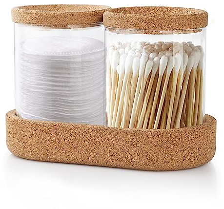 Anhow 2er Wattestäbchen Behälter, Kork Abdeckung Wattepadspender mit Basishalter für Bad Wattestäbchen, Wattepads Aufbewahrung - Transparent
