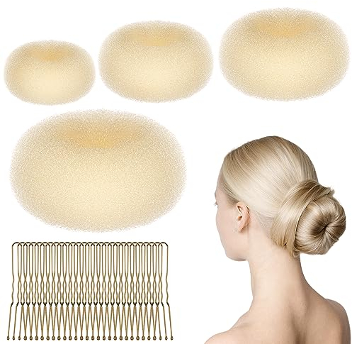 URAQT Hair Donut Bun Maker Set, 4 Pcs Ring Style Donut Bun Shaper with 30 Hair Pins, Blonde Chignon Doughnut Bun Hair Accessories for Girls Kids Women DIY Chignon Hair Styles