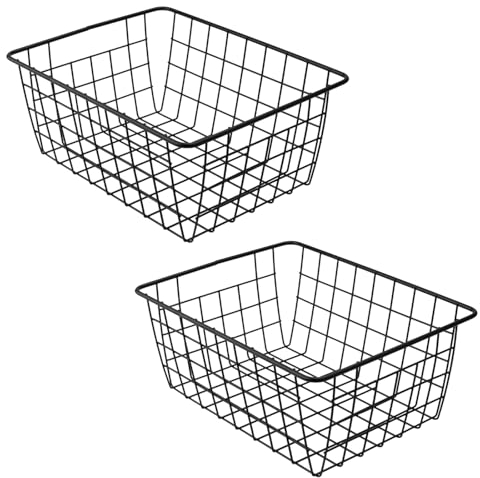 ZOZOENHOU 2 Stück Aufbewahrungskörbe aus Draht 28 x 22 x 12 cm, Metallkorb Rechteckig, Bad Korb Metall, Offenes Drahtdesign, Wand - Eisen Korb Einhängekorb, für Büro, Küche, Bad, Schwarz