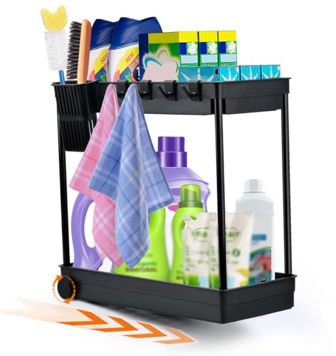HUMOKI Under Sink Organiser, 2 Tier with 4 Hooks, Non-Slip Pads, Under Cupboard Storage, for Kitchen & Bathroom - Black