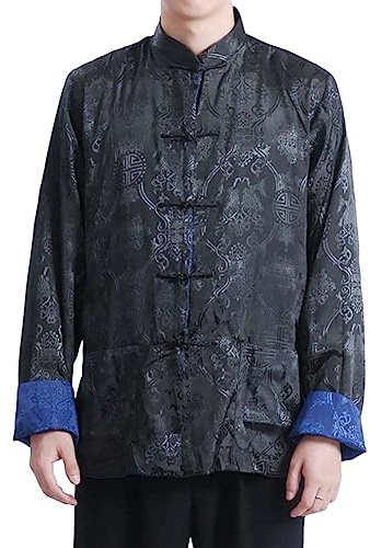 Chinese New Year Men Traditional Tang Jacket Kung Fu Wing Chun Uniform Wedding Party Long Sleeve Top Coat, 50# Black/Blue, L
