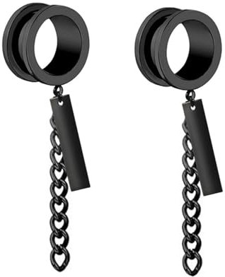 Tunnel Set 20mm, Ohr Tunnel und Plugs Edelstahl Ear Piercing Expander Rund mit Kette und Rechteckigem Anhänger Schwarz Damen Herren Schmuck 2 Stück