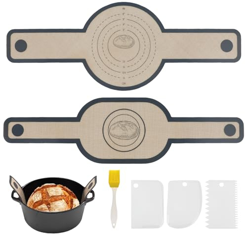 WATUNID Silicone Bread Sling Oval and Round, Reusable Silicone Baking Mat for Dutch Oven Liner With Long Handles, Non-Stick Bread Baking Sheets With 4Pc Scraper & Brush, Heat Resistant Dough Drop Tool