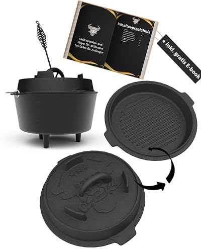 ELITE BBQ Dutch Oven 4,5qt mit Füßen Set, Feuertopf Gusseiserner Kanonenofen Raketenofen mit Deckelheber mit Deckel, Gulaschtopf Brottopf Gusseisen Kazan Utschak mit Kasan, Datschtopf, Dutschofentopf