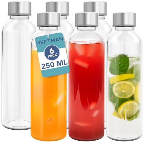Heftman Lot de 6 bouteilles en verre hermétiques avec couvercles en acier inoxydable - Bouteilles d'eau, smoothies, jus de fruits pour le travail et la salle de sport