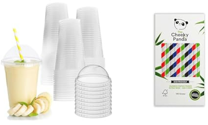 Zuvo Plastic Smoothie Cups with Dome Lids - 16 OZ (Pack of 50) - Strong Clear Plastic Cups for Milks & The Cheeky Panda Bamboo Paper Bubble Tea Straws | 100 Multicoloured Wide Drinking Straws