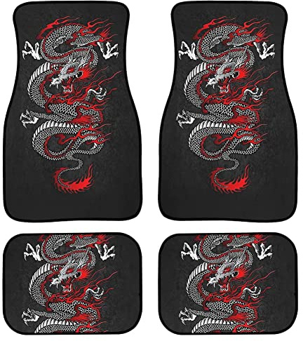 Lot de 4 tapis de sol universels pour voiture avant et arrière de voiture, motif dragon oriental, très résistant