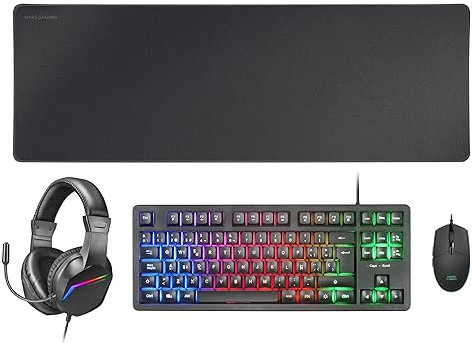 MARSGAMING MCP-RGB3, Pack Gaming Tastiera Fixed RGB + Mouse Gaming RGB Flow 3200 dpi + Cuffie Over-Ear RGB + Tappetino XXL, Nero, Lingua Italiana