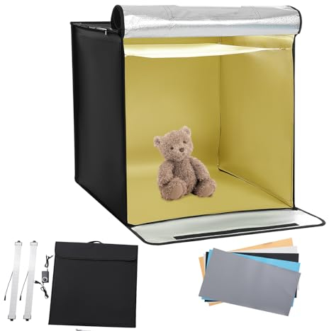 Fotolåda, 60 x 60 x 60 cm fotostudiolåda med 2 LED-paneler och 5 bakdroppar, dimning 0 %–100 %, för smycken, väskor, leksaker, presenter, hantverk