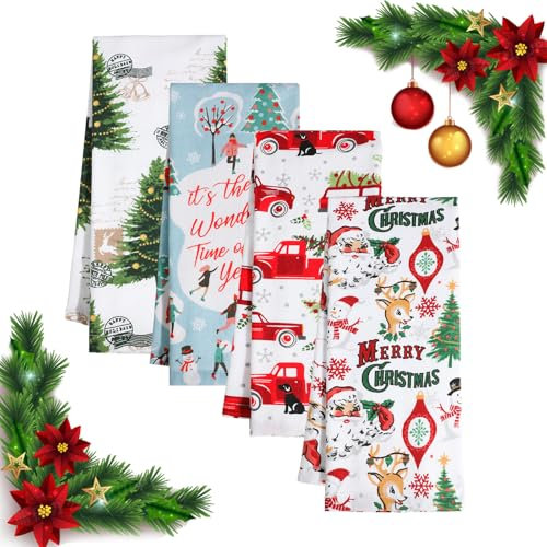 Jogoico Lot de 4 Torchons de Cuisine 100% Coton - Torchons de Noël et Vaisselle 40 x 70 cm - Serviettes de Cuisine Super Absorbantes - Multi-usages - 4 Thèmes