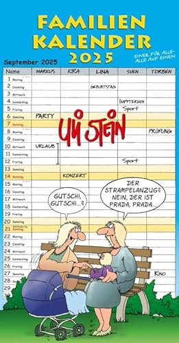 Uli Stein - Familienplaner 2025 - Lappan-Verlag - Familienkalender mit lustigen Illustrationen und 5 Spalten zum Eintragen - Monatskalender - 23 cm x 46 cm