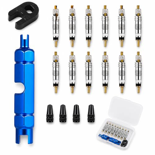 [18 pz] Kit di riparazione valvole per bicicletta - Nucleo valvola bicicletta, adattatori valvola Presta Tubeless MTB con chiave Obus e ricambi per riparazione biciclette