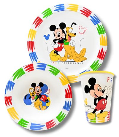 Stor Mickey Mouse Kinder Geschirr Set - Frühstücksgeschirr BPA frei - Jungen Kindergeschirr Set - Geschirrset - Camping Geschirr aus Kinderteller, Müslischale & Kinderbecher, Essgeschirr Jungs
