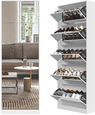 Organizedlife Schuhaufbewahrungsschrank mit 185cm Spiegel in voller Länge, 30 Paare & 5 Flip-Schublade, freistehendes Schuhregal Schrank, schmale Schuhe Veranstalter für Haustür, Eingangsbereich