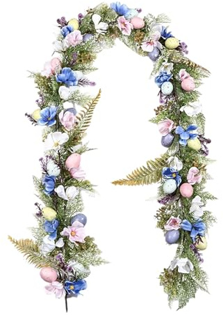 Osterdeko Girlande, 1.9M Künstliche Ostergirlande, Frühlingsdeko Girlande mit Ostereier und Blumen, Ostern Deko Girlande Frühling, Simulation Grünpflanze Girlande für Ostern Deko, Frühling Deko (D)