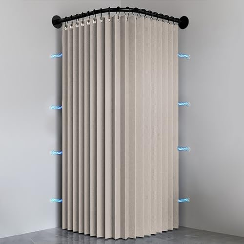 Haoyunll Faltbarer Anti Schimmel Duschvorhang, Beige, 200x200cm | Waschbarer Wasserdichter Eckduschvorhang aus Stoff mit Haken, Magnetische Duschvorhänge für Badezimmer, 150 g/m²