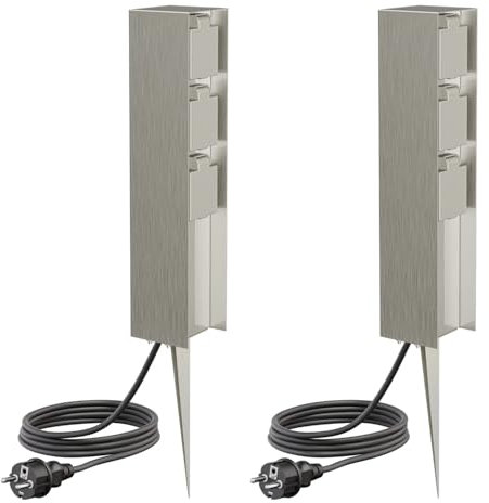 ledscom.de 2 Prises de Jardin Colonne POMI avec Piquet de Terre et 2m de câble pour l'extérieur, IP44, 3X, INOX, carré, 33cm