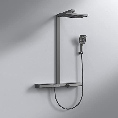 EMKE Duschsystem mit Thermostat, Regendusche 360 × 240 mm, Mattschwarz | 71cm Duschablage, 2 Strahlarten, 3 Strahlarten Handbrause, Duschset für Badezimmer und Dusche