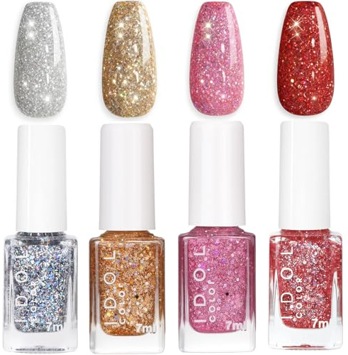 Glitter Nail Polish Set - 4 PCS Sparkly Gold Silver Red Pink Nail Varnish Sets,Quick Dry Long Lasting Glitter Nail Polish for Women and Girls, No UV Needed DIY Nail Art Manicure Gift Set