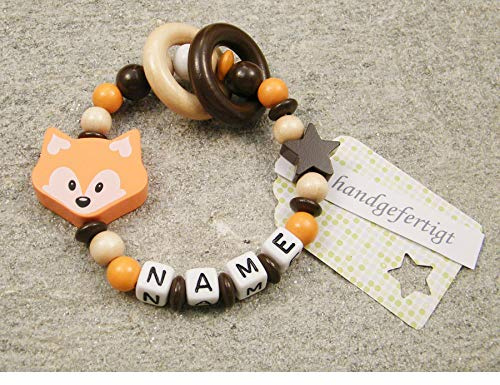 kleinerStorch ® - Personalisiertes Motorik Babygeschenk mit Namen – Einzigartiges Holz Geschenk & Taufe zur Geburt für Mädchen & Jungen - Fuchs in orange