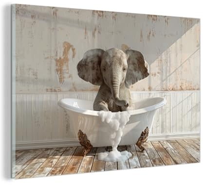 MuchoWow© Glasbilder Wanddeko Wohnzimmer Aesthetic Room Decor Deko Zimmer | 120x80 cm - Wandbilder Modern Bild auf Glas Vintage - Elefant - Badewanne - Schaum - Wildtiere