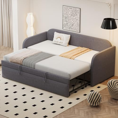 Dolamaní Sofá cama de 90/180 x 190 cm con cama de invitados, cama nido de la misma altura, cama extensible hasta cama doble, tela de lino, sin colchón (gris B)