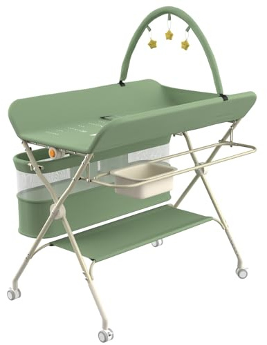 MUL-BOUTIQUE Table a Langer Pliante avec Panier de Rangement,Structure en Fer Charge Max 15KG,Réglable en Hauteur,Table à Langer Mobile pour Nouveaux-Nés,80 * 73 * 94 cm (Vert,)