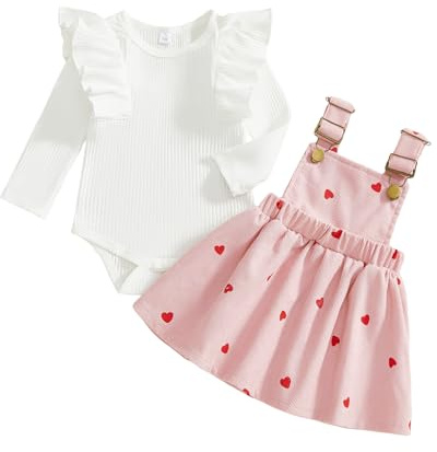 MAHUAOYIXI Baby Girl 2Pcs Outfits Ruffle Long Sleeve Crew Neck Solid Color Romper with Heart Print Corduroy Overall Dress Infant Clothes Girls Birthday Gift (Pink, 3-6 Months)