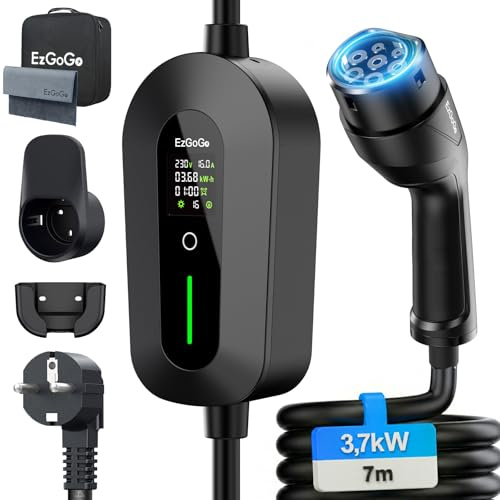 EzGoGo Typ 2 Ladekabel Schuko 3,7kW 7m, 6-16A, EV Ladegerät | Einstellbare Leistung & Ladezeit, Steuerbare Digitalanzeige, IP65 Wasserdicht,Ladekabel Auto für Allen EVs & PHEVS