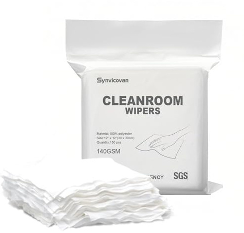 Synvicovan Cleanroom Polyester Wipers 12x12(150 Pcs, 140GSM) Double Knit 100% Lint Free Cleaning Cloths with Ultra-fine Filaments, Laser Sealed Edge Ultra-Soft Wipers, Reusable and Washable