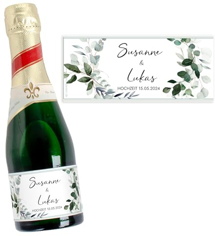 Mimi und Anton PICCOLO Banderole PERSONALISIERT | 10x AUFKLEBER für Hochzeit, Piccolo-Aufkleber für eure Hochzeit, kleine Sektflaschen Aufkleber, Etiketten, Design Eukalyptus Greenery