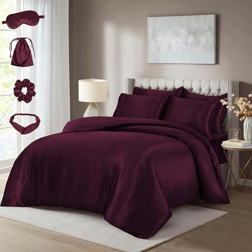 Hadi London Luxury 10 PCS Satin Complete Bedding Set with Duvet Cover, Fitted Sheet, Pillowcases, Eye Mask, Hair Band, Hair Cap & Pouch | Single Double King Super King (BURGUNDY, KING)