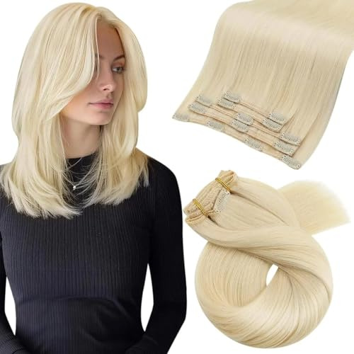 Moresoo Clip in Extensions Echthaar Platinblond Haarteil 35 cm 5 Stück 80g | Echthaar Qualität,Glattes Haar,Flexibler Halt,Schnelle Befestigung,Farbakzent Für Blonde Looks,Salon Anwendungen