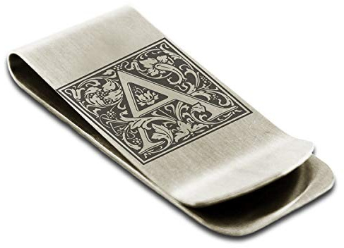 FlameReflection Stainless Steel Money Clip For Men Dad Boy Friend Father Floral Initial Letter Box Monogram Wallet Cash Card Holder Letter A