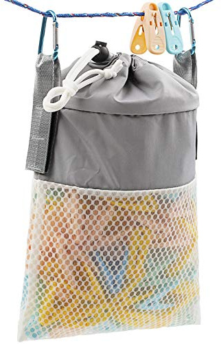 Mesh Clothespin Bag Holder Outside, Multiple Hanging Methods Clothes Pin Bag with Drawstring Closure, Ventilation and Moisture Resistance, Large-Capacity Clothespin Storage Organizer with Hooks