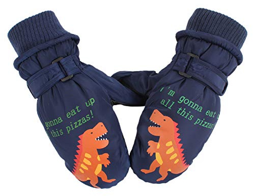 XIAOHAWANG Fausthandschuhe Kinder Wasserdicht Skihandschuhe Winter Handschuhe Mit Dinosaurier Jungen Schlittschuh Handschuhe(Marine, S)