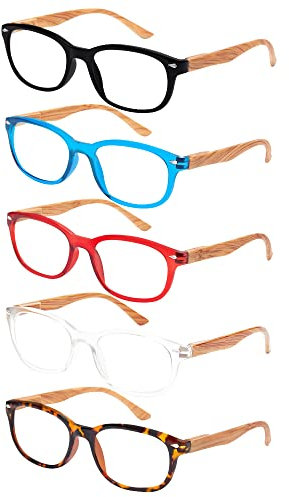 Lot de 5 Lunettes de Lecture Homme Femmes，Lunettes Loupe Effet Bois，Anti Lumière Bleue，Rectangle，Charnières Ressort Lecture Lunettes Loupe Leger Comfort Vision Nette