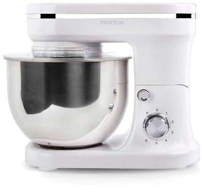 PRIXTON Batidora Amasadora KR200 para Repostería, Potencia 1200W, 6 Velocidades, Bol Acero Inoxidable de 5 litros, 3 accesorios, Tapa Transparente, Color Blanco