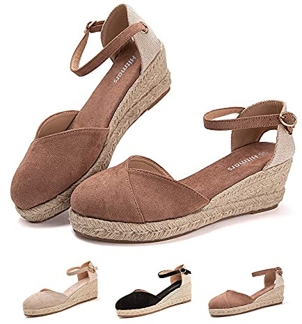 Hitmars Sandalias Mujer Verano Cuña Alpargatas Plataforma Esparto Tacon Medio Alto Espadrilles Punta Cerrada Zapatos Elegantes Caqui 38 EU
