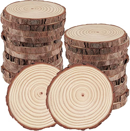 KOHAND 30 PCS 9-10 cm Natural Wood Slices, Unfinished Wood Rounds with Bark, Round Wooden Discs Circles for Crafts Christmas Ornaments Wedding Rustic Decoration DIY Handcrafts