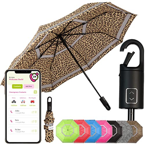 Quick Safety® wander- trekking-Regenschirm taschenschirm herren-damen-schirm jungen-regenschirm auf-zu-automatik sturmfest reflektierend Karabinerhacken-Griff-Design (leopard gold)