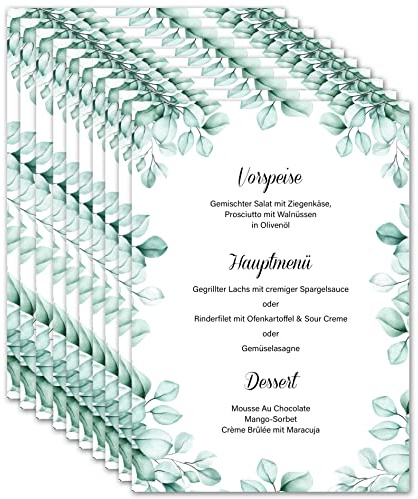 Menükarten Hochzeit zum Bedrucken DIN A5 - Blanko Speisekarten Getränkekarten individuell anpassbar für verschiedene Anlässe (10x Stück, Eukalyptus)